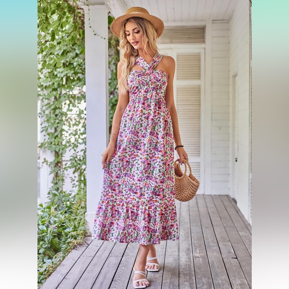 GRACE KARIN Criss Cross Halterneck Flowy A Line Maxi Dress